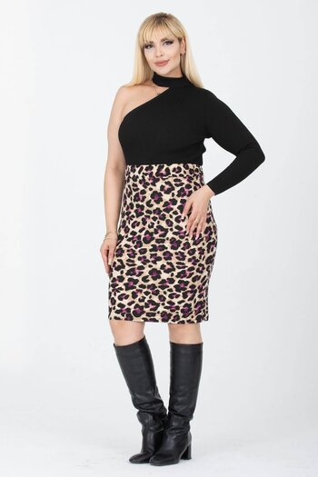 Mooi XXL Women's Purple Beige Leopard Pattern Flexible Suede Pencil Skirt