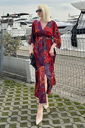 Madmext Red Print Slit Detail Long Dress Mg2325