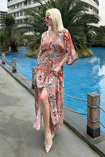 Madmext Camel Print Long Dress with Slit Detail Mg2325