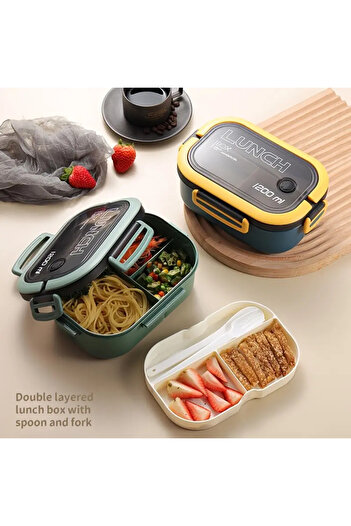 hediyeofisi 2-Tier Portable Diet Food Container - Lunch Box, Storage Container, Travel Box with Fork Spoon