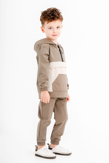 Cansın Mini Khaki Kangaroo Pocket Hooded Boy's Parachute Tracksuit Set 20120
