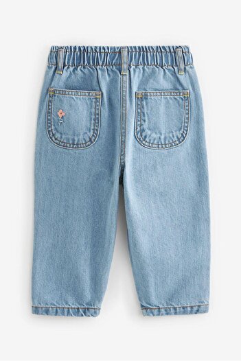 Magu Kız Çocuk Denim Mavi Çiçek Nakışlı Kot Pantolon