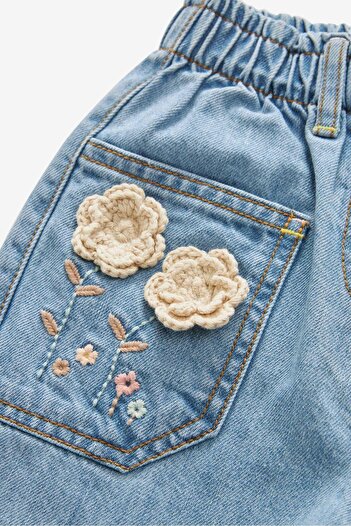 Magu Kız Çocuk Denim Mavi Çiçek Nakışlı Kot Pantolon