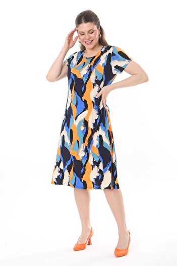 Mooi XXL Women's Blue Orange Asymmetrical Pattern Midi Dress