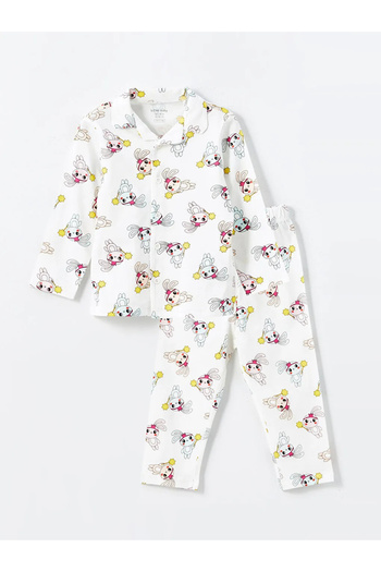 LC Waikiki Lcw Baby - Ecru Baby Girl Pajamas Set with Shirt Collar and Printed T-Shirt