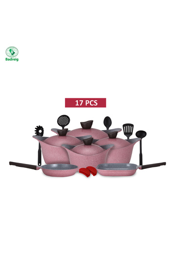 badreig LAHOYA CERAMIC COATED COOKWARE SET 17 PCS (PINK) |Made in Saudi