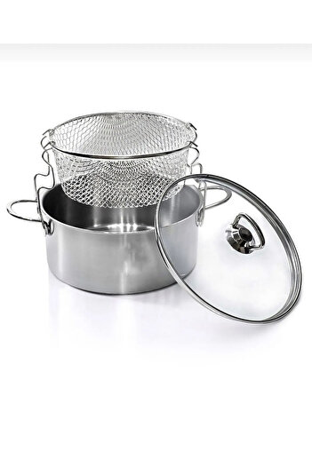 ENASHOP 3-Piece Steel Frying Pot with Glass Lid 20 cm
