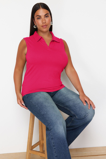 Trendyol Curve Pink Fitted/Fitted Polo Neck Stretchy Knitted Plus Size Blouse Tbbss24Af00065