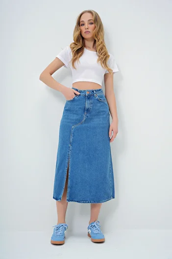Trend Alaçatı Stili Fusta de damă, albastră, cu fante, cu lungime midi, ALC-X13174