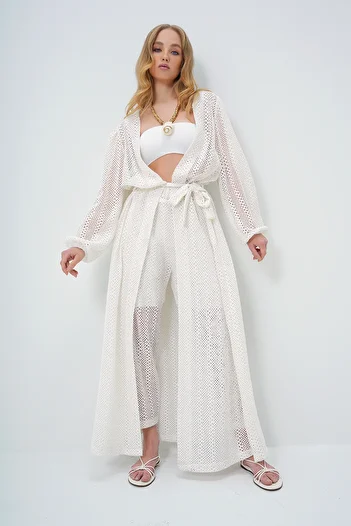 Trend Alaçatı Stili Ecru Kimono Set - Long Pants Self-Textured Openwork Alc-X11710