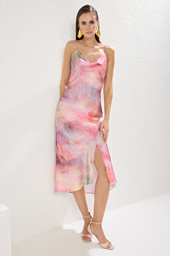 Trendyol Collection Purple-Multicolor Satin Woven Stylish Evening Dress Night Graduation Dress Tprss19Bb0058