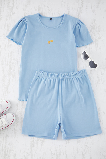 TRENDYOLKIDS Light Blue Girl's Cotton Minimal Embroidery T-Shirt Shorts Knitted Bottom-Top Suit Tkdss25Au00019
