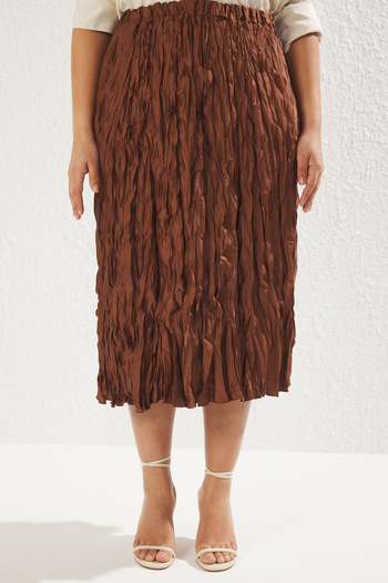 Trendyol Curve Καφέ Υφαντή Φούστα Plus Size