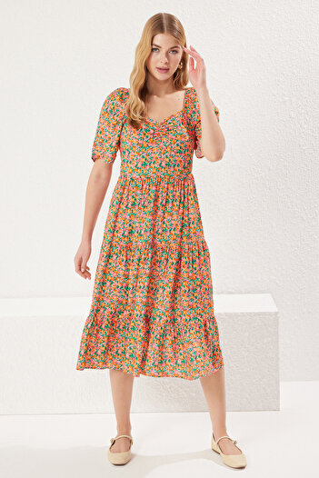 Trendyol Collection Rochie țesătă midi Tunucu, cu mâneci cu bule, cu imprimeu floral, TWOSS20EL2323