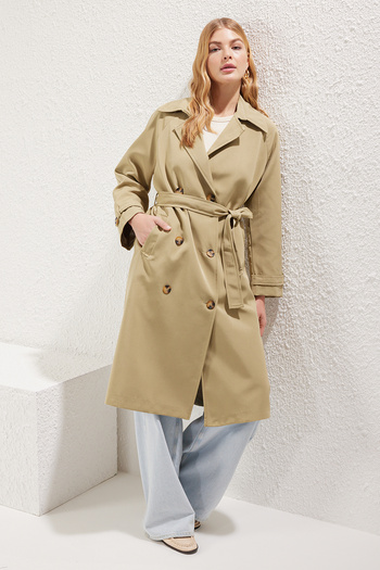 Trendyol Collection Double Breasted Regular Long Trench Coat with Light Khaki Belt Twoss25Tr00015