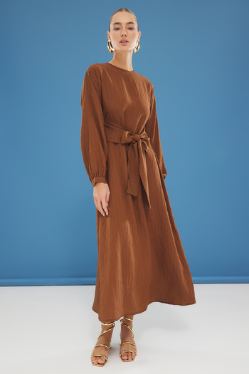 Trendyol Modest Brown Front Tie Unlined Woven Dress Tctss24Eb00131