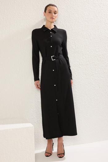 Trendyol Modest Black Mother of Pearl Button Knitted Wrap Dress Tctss25Eb00066