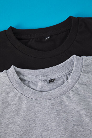 TRENDYOLKIDS Black-Grey Oversize Knitted T-Shirts for Boy 2 Pack - Tkdss25Ts00052