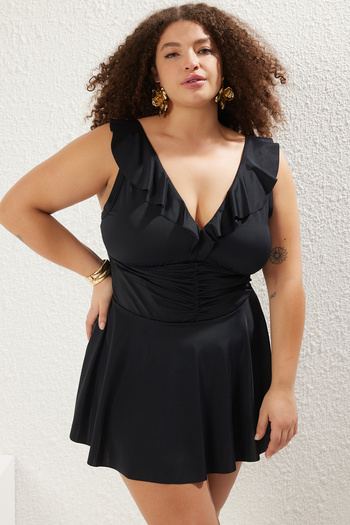 Trendyol Curve Plus Size Black Swimsuit - Ruffle Neckline and Drawstring Waist Skirt Tbbss25Am00018