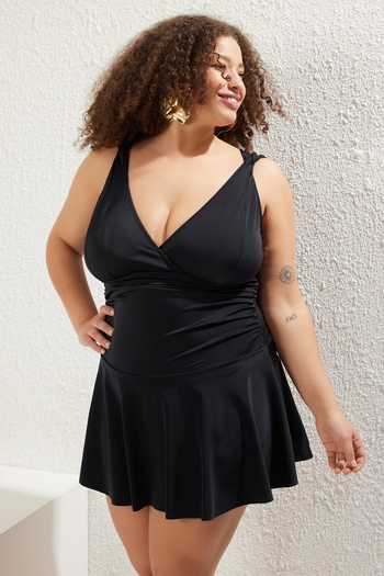 Trendyol Curve Plus Size Black Swimsuit - Deep V-Neck and Gathered Detail Skirt Tbbss25Am00017