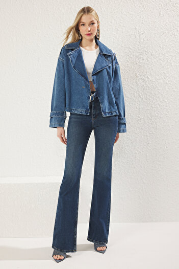 Trendyol Collection Blue Double Breasted Belt Buckle Oversize Denim Blazer Jacket Twoss25Ce00018
