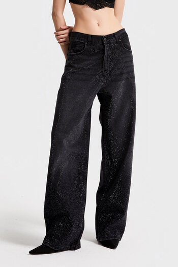 its basic T12S5-1 Black Denim with Shiny Stones - Loose Midrise Fit
