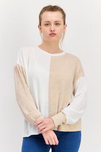 Aqua Women Crew Neck Long Sleeves Two-Tone Sweater, Beige