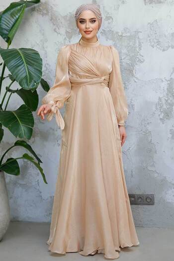Neva Style Drape Detailed Biscuit Hijab Evening Dress 4823Bs