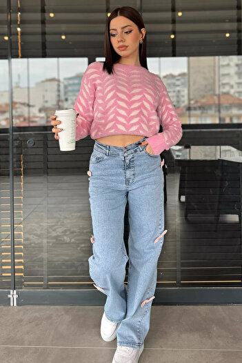 GÜLSELİ Ice Blue Bow Detailed High Waist Wide Leg Women's Jeans