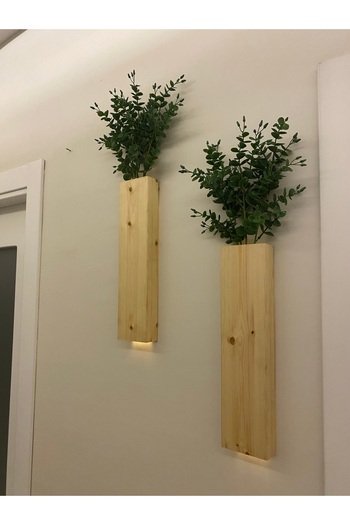 MSAĞWOODS 2li Peri Ledli Ahşap Çiçeklik Dekoratif Aydınlatma Yapay Çiçek Balkon Dekoru Otel Rustik 40cm