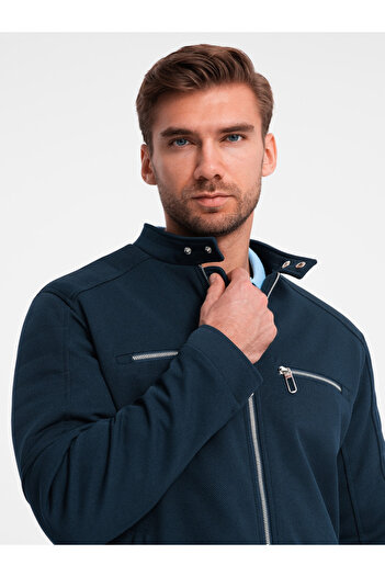 OMBRE Ανδρικό biker jacket με γιακά και τσέπες - navy blue V1 OM-JALP-0157 S