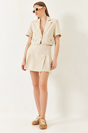 Bianco Lucci Women's Single Button Short Sleeve Crop Jacket Mini Skirt Linen Suit 50061 60271061