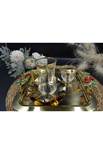 CAN 18 Parça Gold Detaylı Cam Çay Fin Seti Ve Mira Sunum Takımı