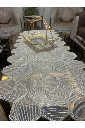 Tekstilsa Yeni Lüks Runner Salon Oda Sehpa Masa Örtü Takımı Fransız Güpürlü Çeyizlik Set Kapiçino 5 Parça