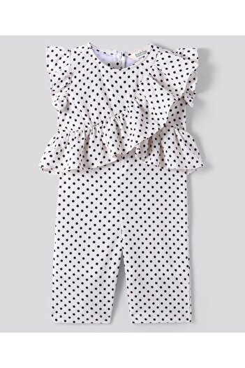 Bonfino Bonfino Sleeveless Jumpsuit With Polka Dot Print & Frill Detailing - White & Black