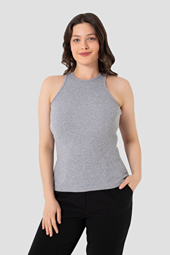Arma Yıldız Women's Cotton Ribbed Look Halter Neck Basic Gray Undershirt
