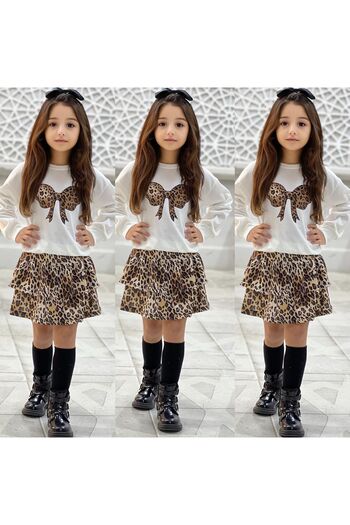 MUMİKİDS Leopard Sweatshirt and Skirt Set for Girl - Bow Detail
