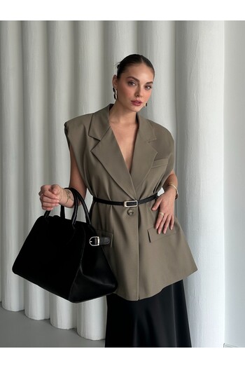 Laluvia Khaki Belted Vest - 7449