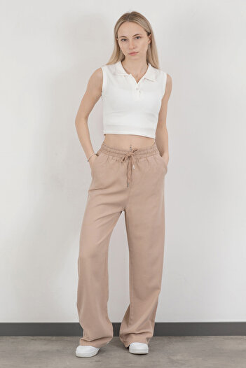 GİYSA Women's Elastic Waist Lace-Up Wide Leg Trousers Beige - 4707