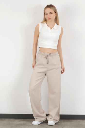 GİYSA Women's Elastic Waist Lace-Up Wide Leg Trousers Stone - 4707