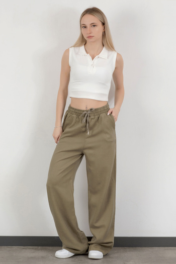 GİYSA Women's Elastic Waist Lace-Up Wide Leg Trousers Khaki - 4707