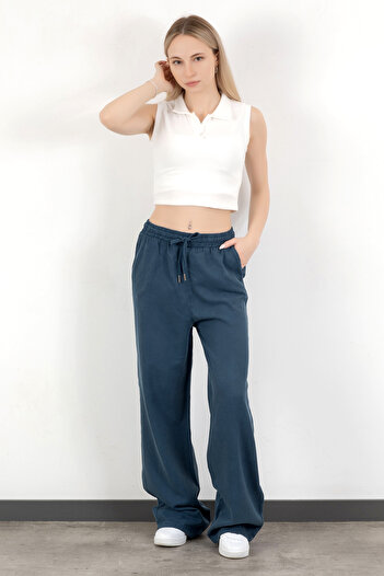 GİYSA Women's Elastic Waist Lace-Up Wide Leg Trousers Navy Blue - 4707