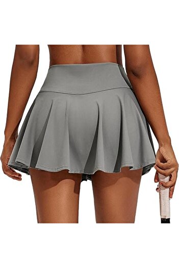 LADY HAZAL Gray High Waist Slouching Tennis Skirt Polyamide Fabric Mini Sports Skirt