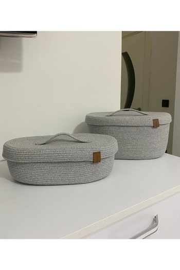 Sevdam Sepet Gray DouBle Bread Basket Set - XL Large Size and Decorative Box with Lid, Storage Box