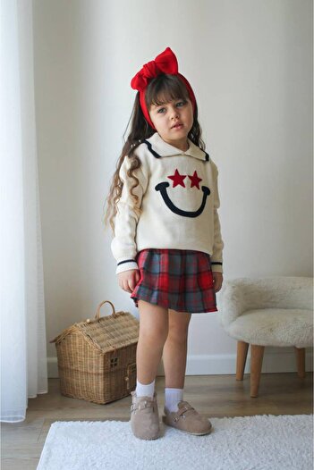 Lolliboomkids Red Plaid Knitwear Set with Smile and Star Embroidered Shorts Skirt for Girl