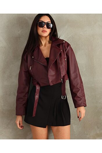Ekim Store Women's Belted Crop Leather Jacket