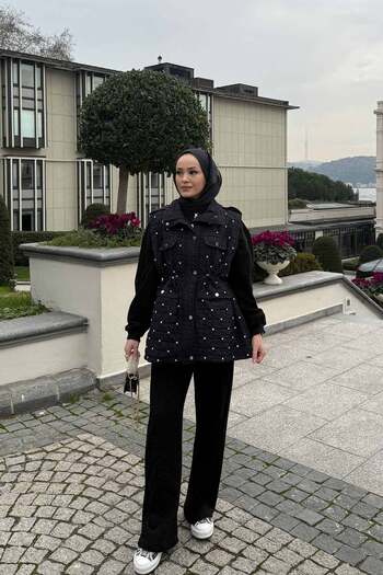 Melike Tatar Black Jewelled Quilted Vest 32-2232