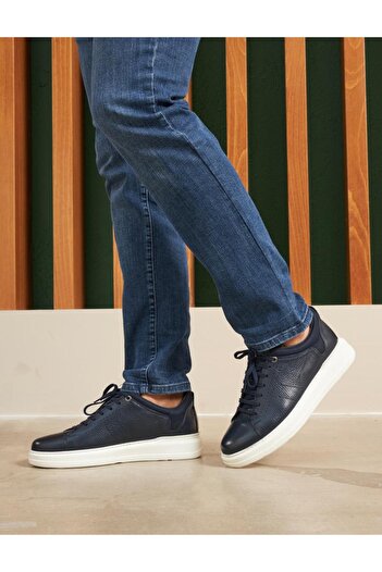 Cabani Navy Blue Men's Sports Shoes - Genuine Leather, White Sole, Lace-up