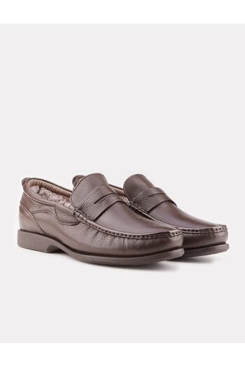 Cabani Genuine Leather Brown Fur Men's Loafer Casual Shoes