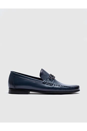 Cabani Genuine Leather Navy Blue Buckle Men's Classic Shoes